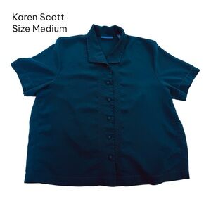 Karen Scott Shimmer Black Short Sleeve Button Blouse